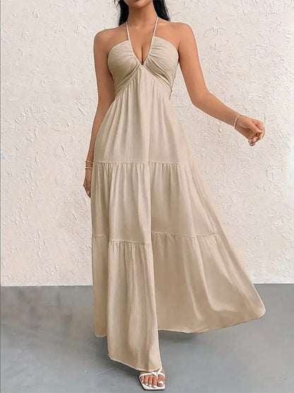 Vacation Dresses Halter V Neck Back Tie Tiered Ruffle Backless Flowy Summer Beach Long Maxi Dress