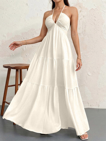 Vacation Dresses Halter V Neck Back Tie Tiered Ruffle Backless Flowy Summer Beach Long Maxi Dress