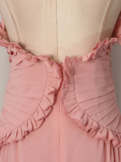 Party Dresses Sleeveless Halter V Neck Ruffle Pleated Flowy Wedding Long Maxi Dress