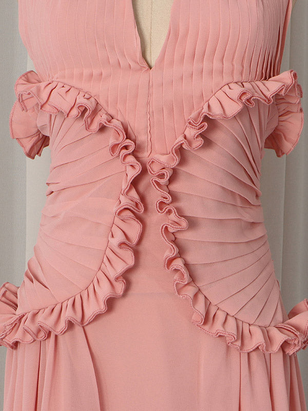 Party Dresses Sleeveless Halter V Neck Ruffle Pleated Flowy Wedding Long Maxi Dress