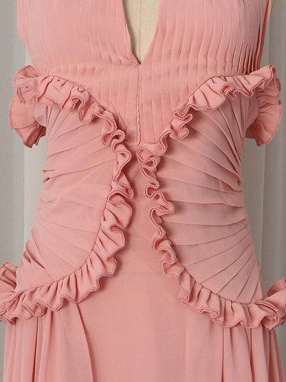Party Dresses Sleeveless Halter V Neck Ruffle Pleated Flowy Wedding Long Maxi Dress