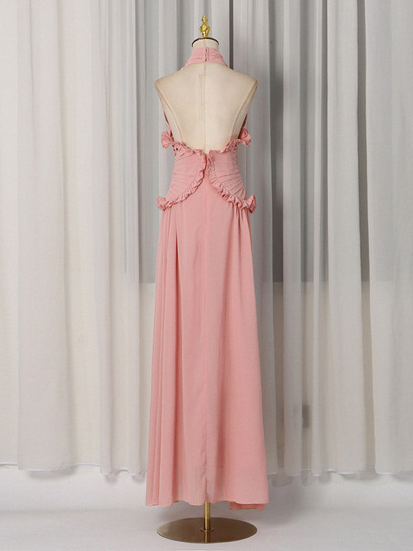 Party Dresses Sleeveless Halter V Neck Ruffle Pleated Flowy Wedding Long Maxi Dress