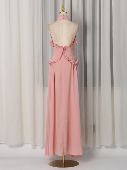 Party Dresses Sleeveless Halter V Neck Ruffle Pleated Flowy Wedding Long Maxi Dress
