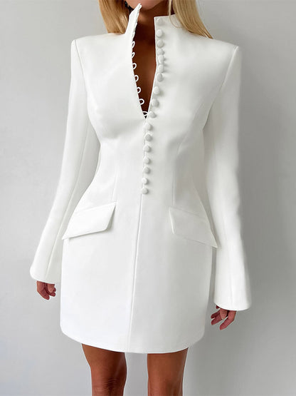 Party Dresses V Neck Button Pocket Slim Fit Elegant Evening Mini Dress