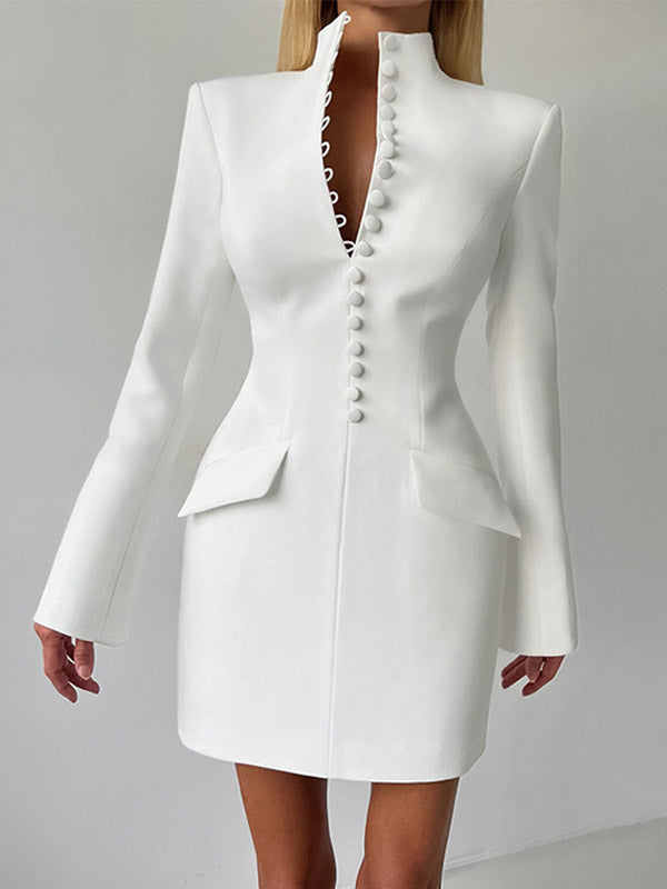 Party Dresses V Neck Button Pocket Slim Fit Elegant Evening Mini Dress