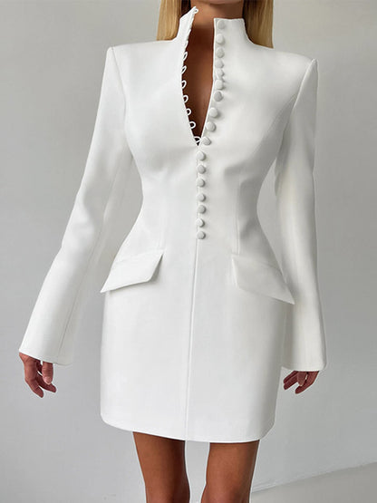 Party Dresses V Neck Button Pocket Slim Fit Elegant Evening Mini Dress