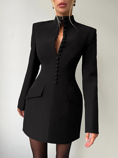 Party Dresses V Neck Button Pocket Slim Fit Elegant Evening Mini Dress