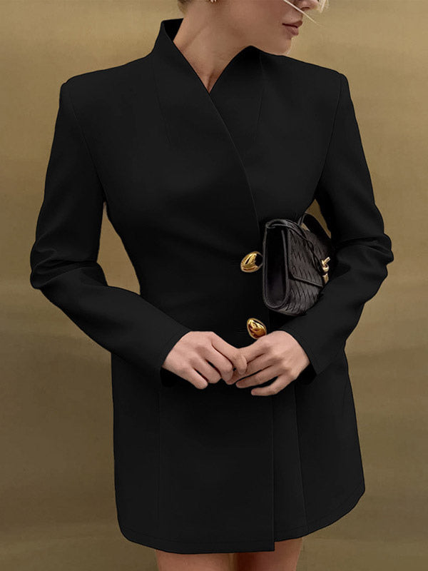 Party Dresses Stand Collar Gold Button Long Sleeve Pocket Office Blazer Dress