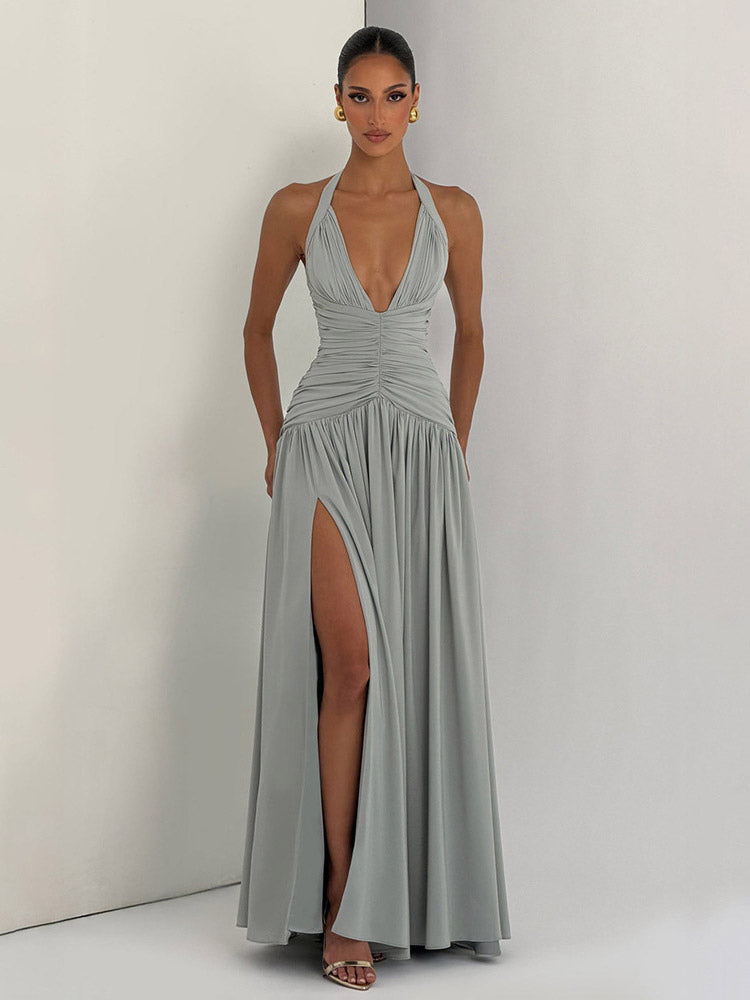 Party Dresses Halter Ruched High Slit Elegant Women Evening Long Maxi Dress