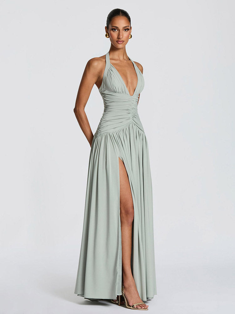 Party Dresses Halter Ruched High Slit Elegant Women Evening Long Maxi Dress