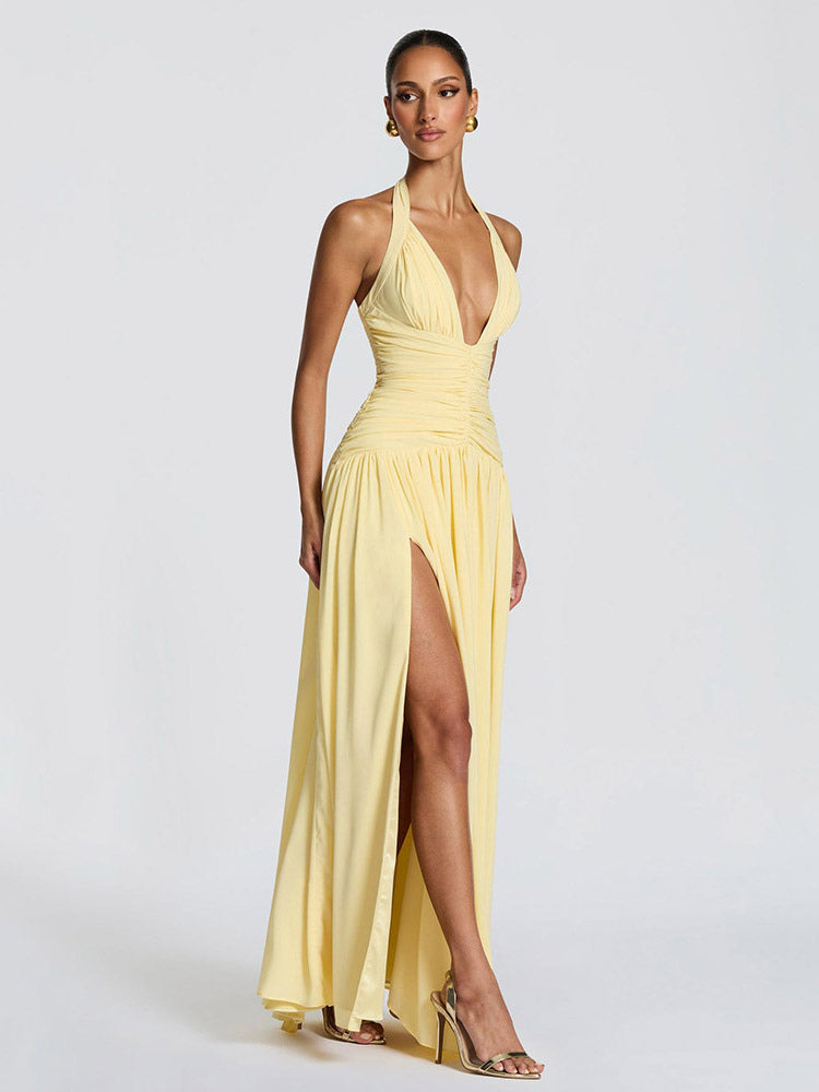 Party Dresses Halter Ruched High Slit Elegant Women Evening Long Maxi Dress