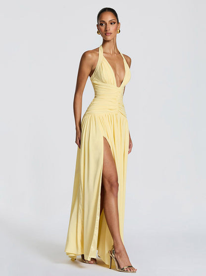 Party Dresses Halter Ruched High Slit Elegant Women Evening Long Maxi Dress