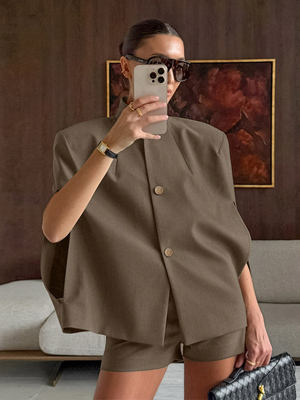 2 Piece Short Blazer Set Sleeveless Cape Vest Matching Shorts Women Suit 2 Piece Short Blazer Set