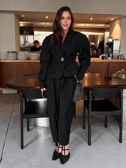 2 Piece Blazer Pant Suit Set Puff Sleeve Blazer Wide Leg Pants Women Formal 2 Piece Blazer Pant Suit Set