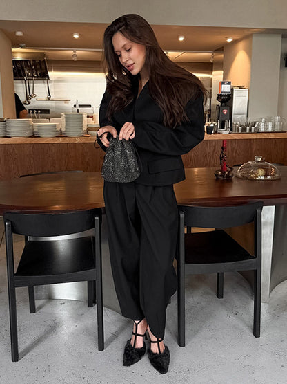 2 Piece Blazer Pant Suit Set Puff Sleeve Blazer Wide Leg Pants Women Formal 2 Piece Blazer Pant Suit Set