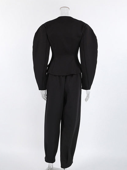 2 Piece Blazer Pant Suit Set Puff Sleeve Blazer Wide Leg Pants Women Formal 2 Piece Blazer Pant Suit Set