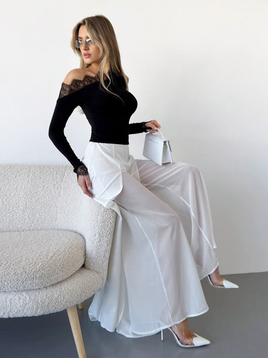 Wide Leg Pants Double Layer Split Mesh Flowy High Waist Women Palazzo Wide Leg Pants