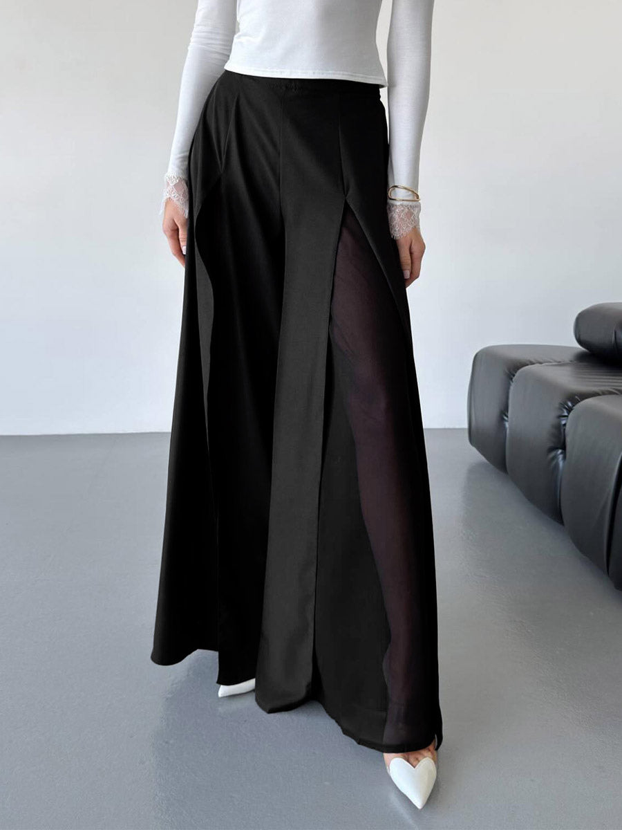 Wide Leg Pants Double Layer Split Mesh Flowy High Waist Women Palazzo Wide Leg Pants