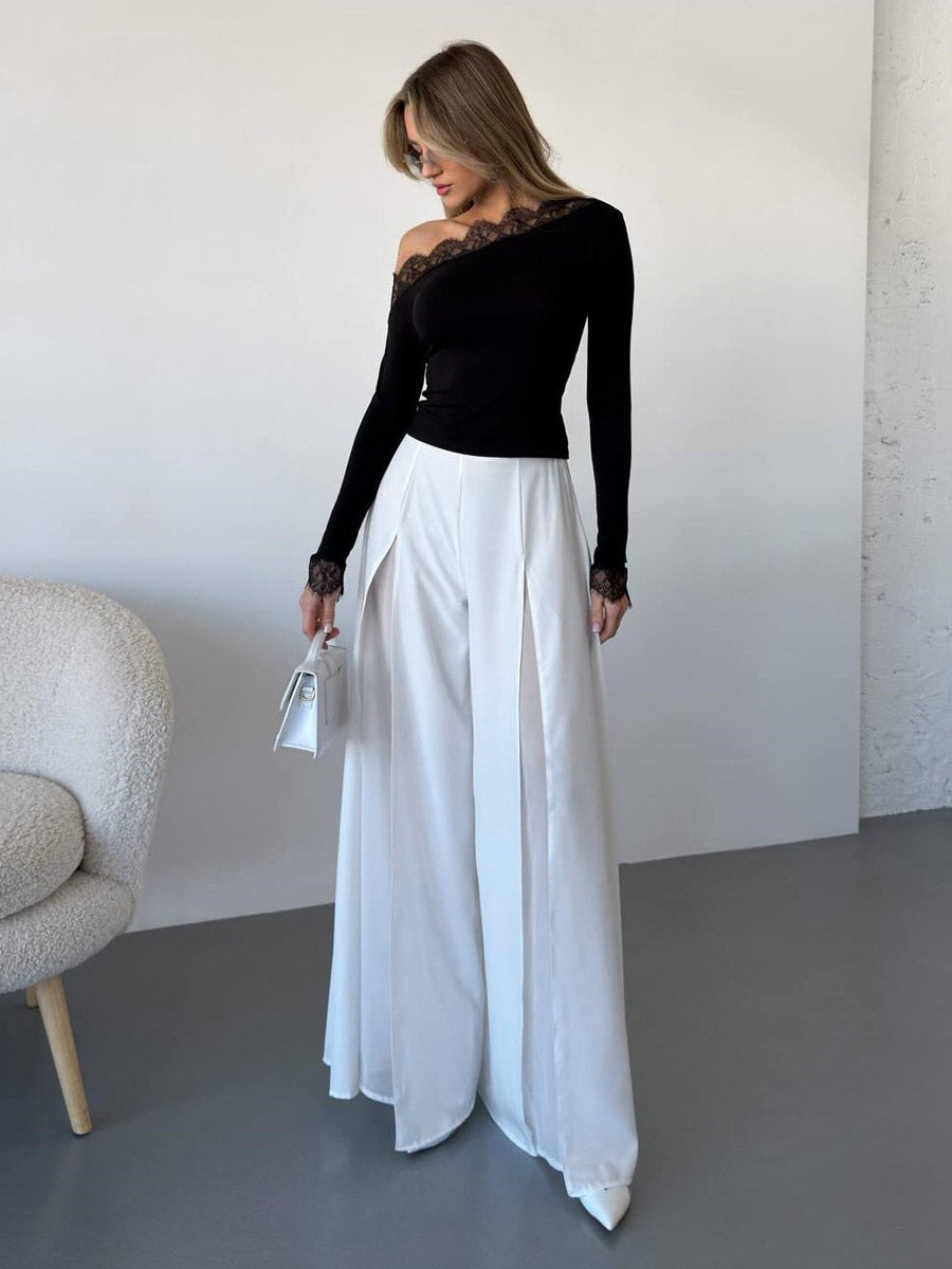 Wide Leg Pants Double Layer Split Mesh Flowy High Waist Women Palazzo Wide Leg Pants