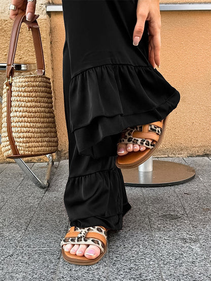 Wide Leg Pants Satin Ruffle Flare Elastic Waist Women Casual Pants Wide Leg Pants
