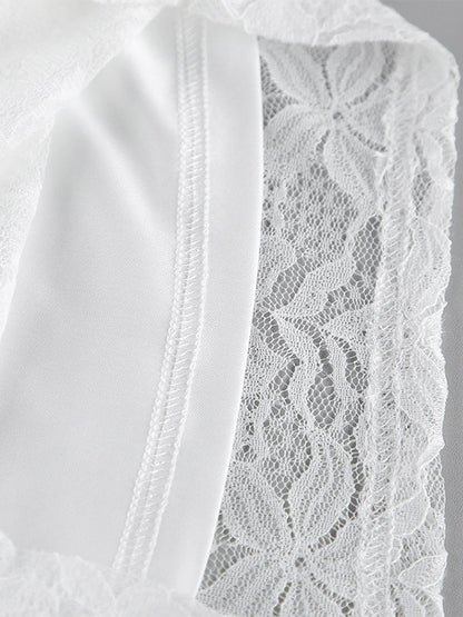 White Floral Lace Two Piece Outfit Spaghetti Strap Crop Top Sheer Wide Leg Pants Sets
