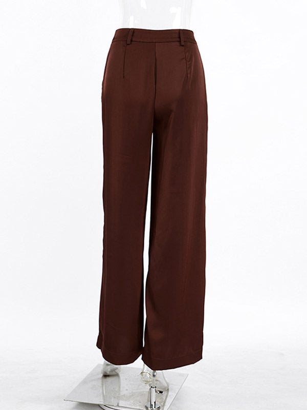 Brown Satin Wide Leg Pants High Waist Draped Silky Straight Trousers