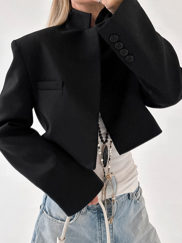 Short Length Mandarin Collar Suit Jacket Front Pocket Slim Cropped Outerwear
