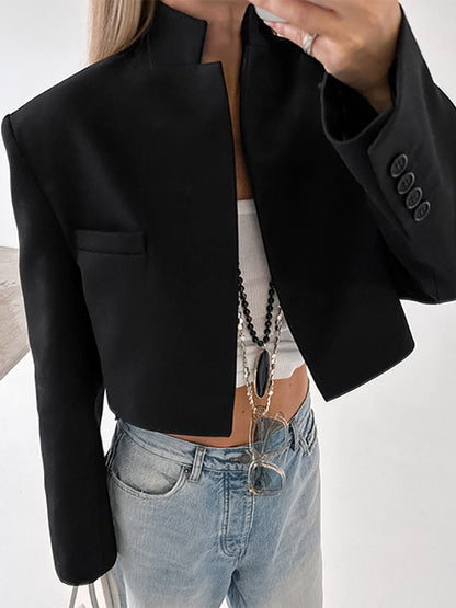 Short Length Mandarin Collar Suit Jacket Front Pocket Slim Cropped Outerwear