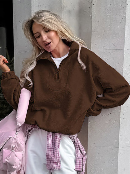 Soft Fuzzy Half Zip Sweatshirt Loose Fit Rib Cuff Long Sleeve Casual Daily Top
