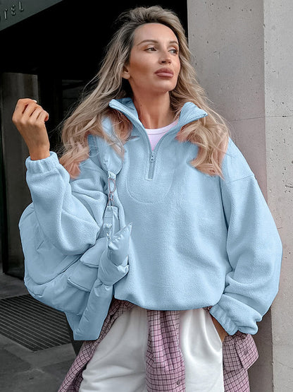 Soft Fuzzy Half Zip Sweatshirt Loose Fit Rib Cuff Long Sleeve Casual Daily Top