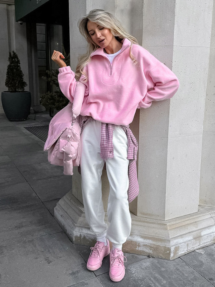 Soft Fuzzy Half Zip Sweatshirt Loose Fit Rib Cuff Long Sleeve Casual Daily Top
