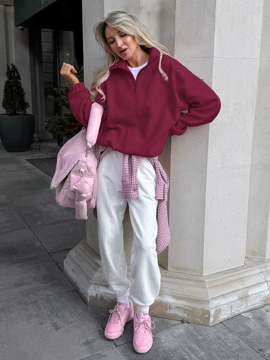 Soft Fuzzy Half Zip Sweatshirt Loose Fit Rib Cuff Long Sleeve Casual Daily Top