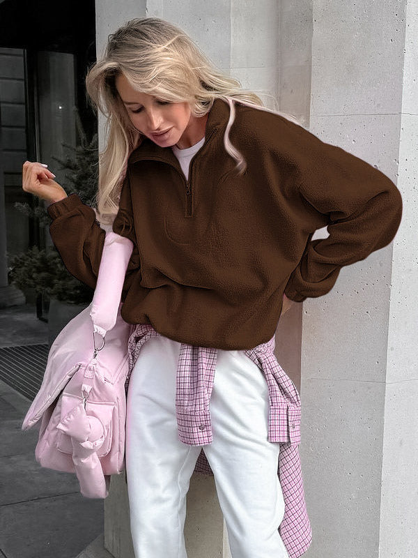 Soft Fuzzy Half Zip Sweatshirt Loose Fit Rib Cuff Long Sleeve Casual Daily Top