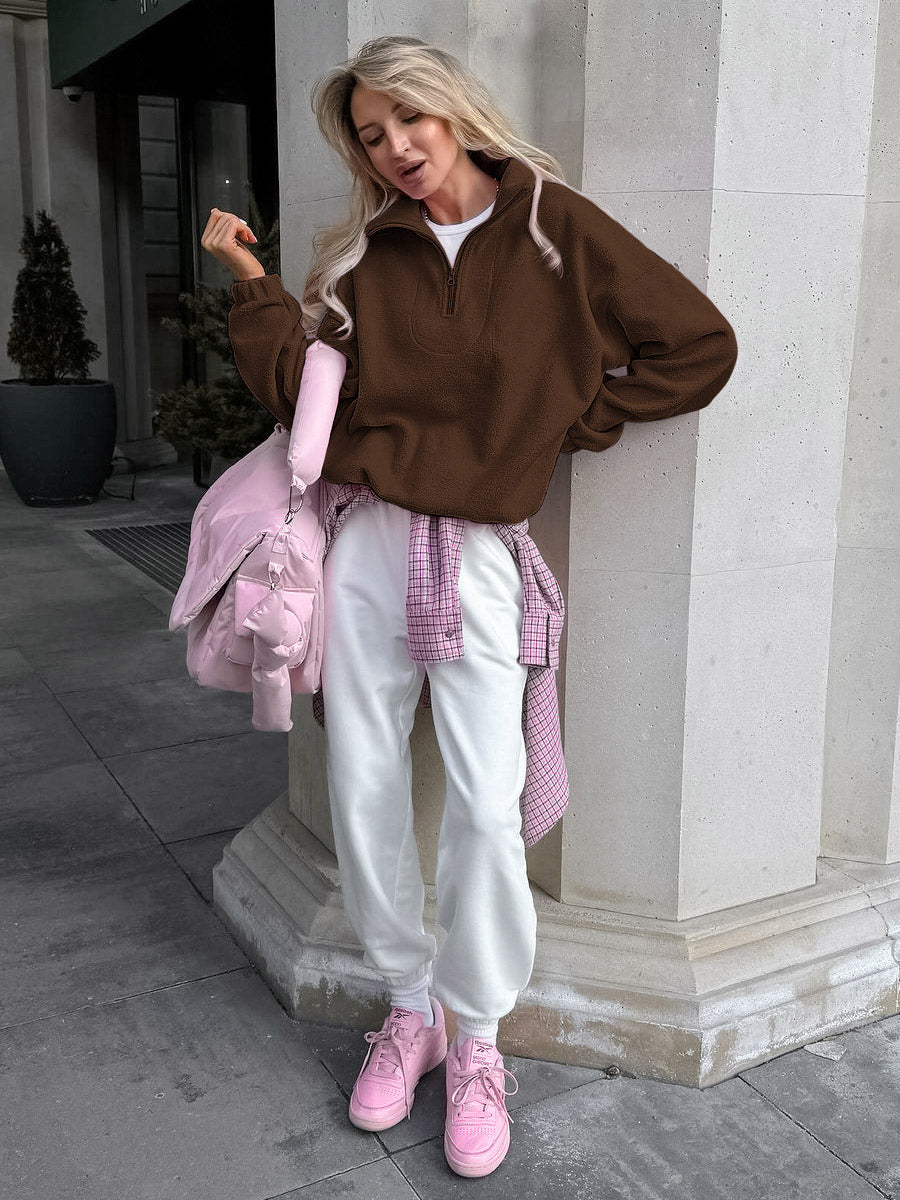 Soft Fuzzy Half Zip Sweatshirt Loose Fit Rib Cuff Long Sleeve Casual Daily Top