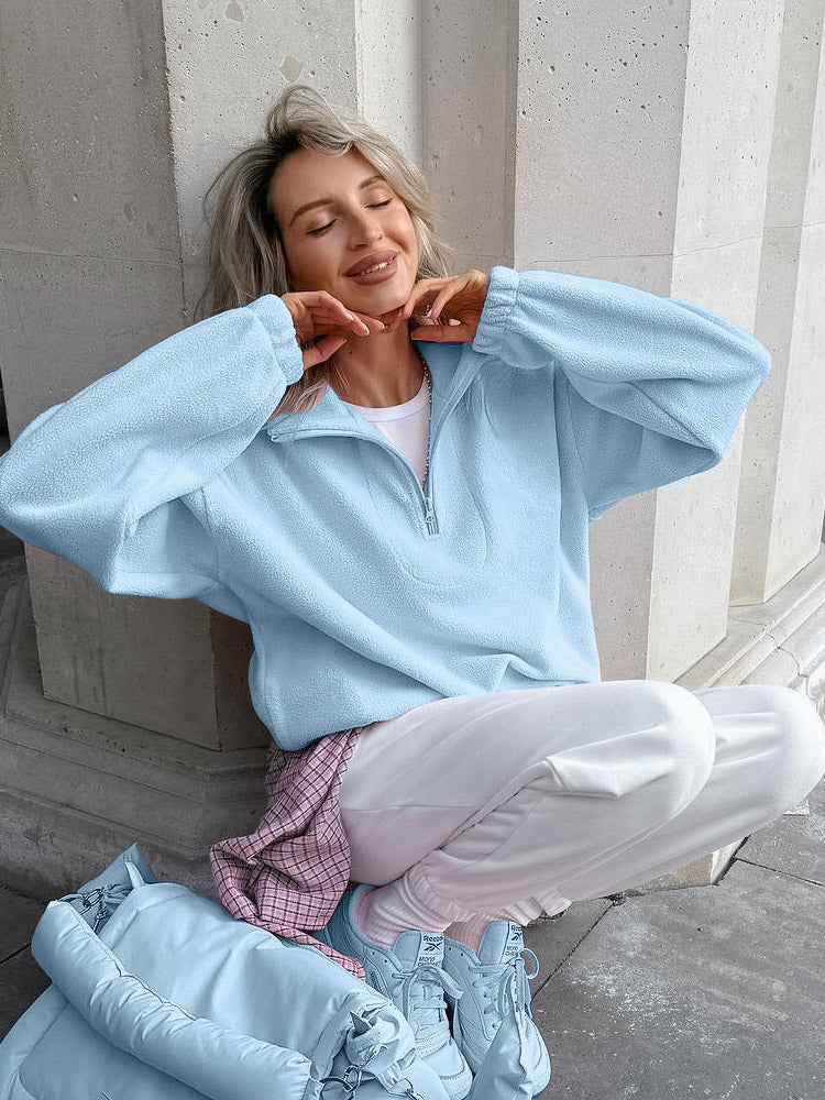 Soft Fuzzy Half Zip Sweatshirt Loose Fit Rib Cuff Long Sleeve Casual Daily Top