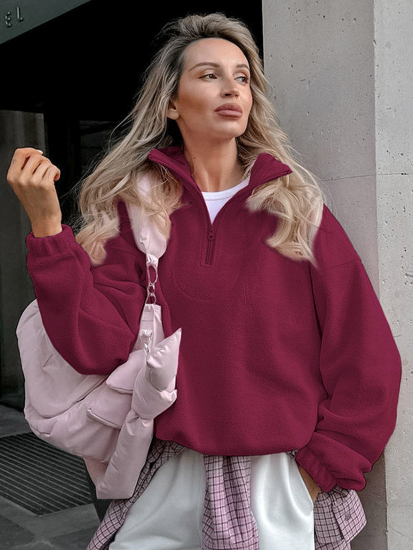 Soft Fuzzy Half Zip Sweatshirt Loose Fit Rib Cuff Long Sleeve Casual Daily Top