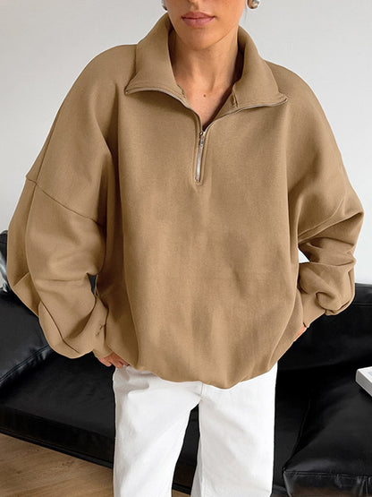 Half Zip Stand Collar Oversized Sweatshirt Drop Shoulder Loose Long Sleeve Pullover