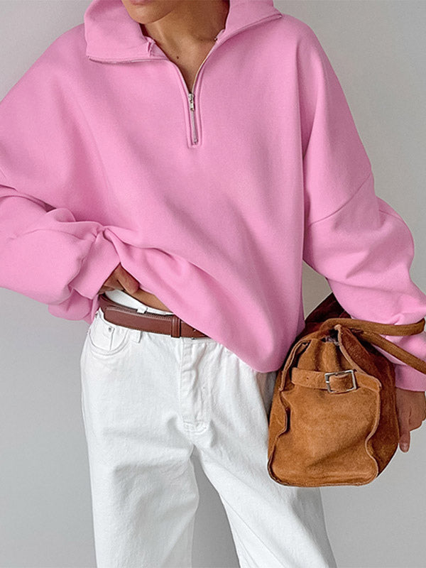 Half Zip Stand Collar Oversized Sweatshirt Drop Shoulder Loose Long Sleeve Pullover