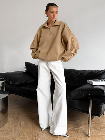 Half Zip Stand Collar Oversized Sweatshirt Drop Shoulder Loose Long Sleeve Pullover
