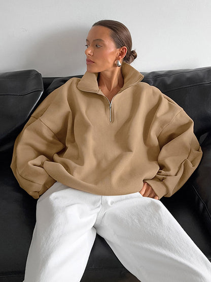 Half Zip Stand Collar Oversized Sweatshirt Drop Shoulder Loose Long Sleeve Pullover