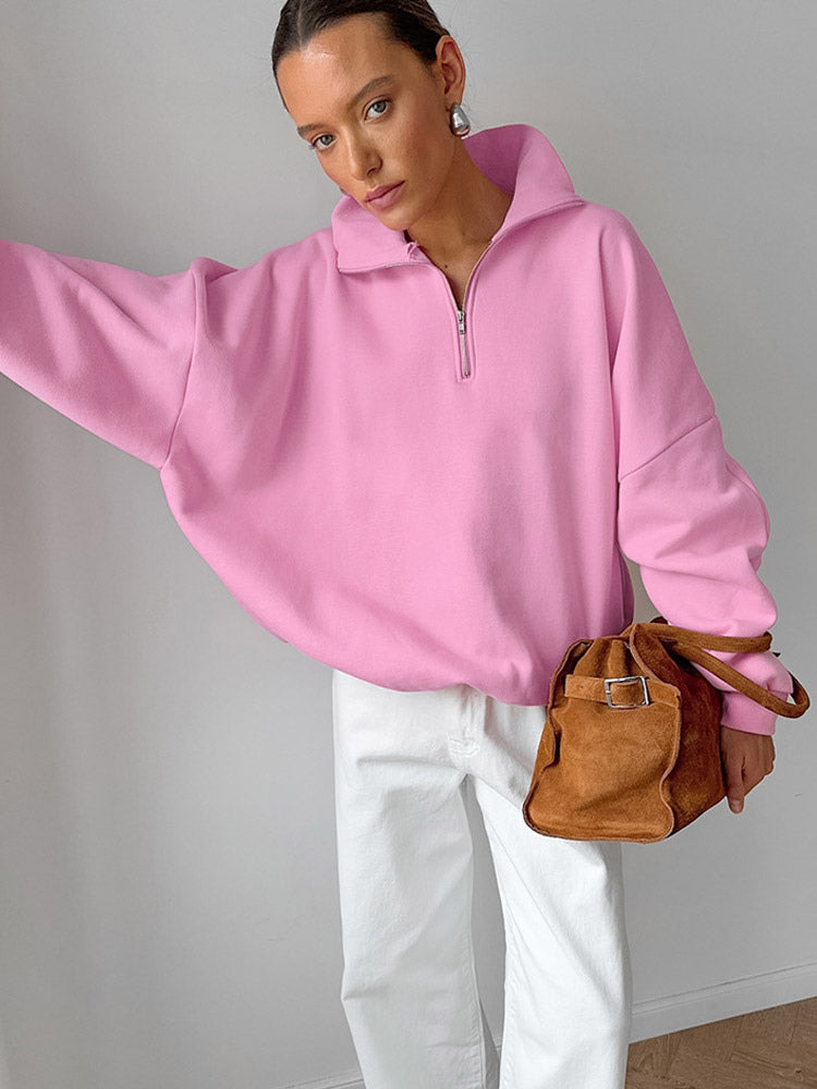 Half Zip Stand Collar Oversized Sweatshirt Drop Shoulder Loose Long Sleeve Pullover