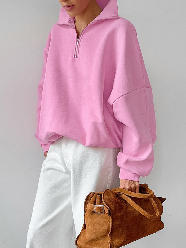 Half Zip Stand Collar Oversized Sweatshirt Drop Shoulder Loose Long Sleeve Pullover