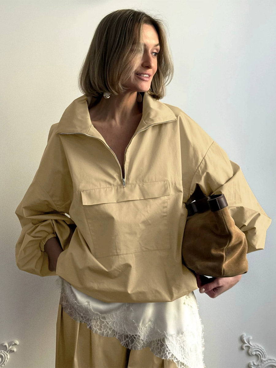 Half Zip Stand Collar Windbreaker Oversized Balloon Sleeve Elastic Hem Jacket