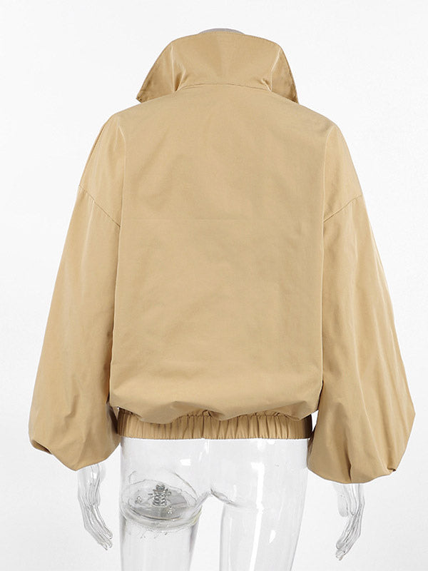 Half Zip Stand Collar Windbreaker Oversized Balloon Sleeve Elastic Hem Jacket
