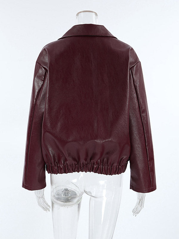 Loose Oversized Faux Leather Coat Turn Down Collar Elastic Hem Casual Moto Jacket