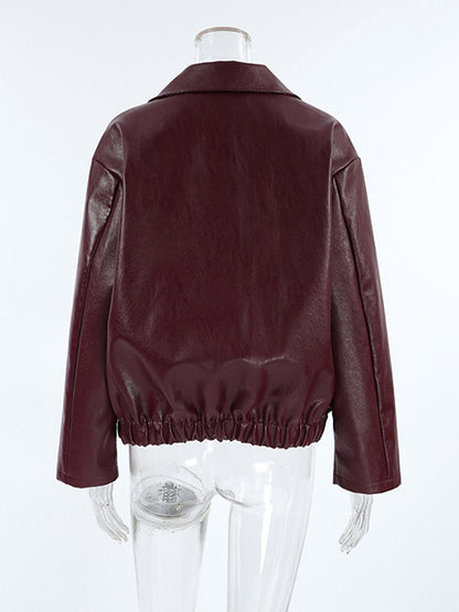 Loose Oversized Faux Leather Coat Turn Down Collar Elastic Hem Casual Moto Jacket