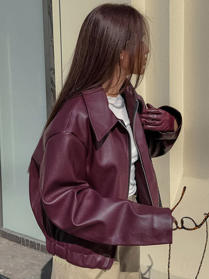 Loose Oversized Faux Leather Coat Turn Down Collar Elastic Hem Casual Moto Jacket