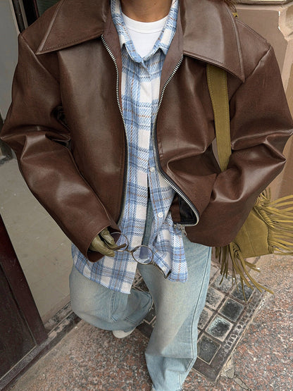 Loose Oversized Faux Leather Coat Turn Down Collar Elastic Hem Casual Moto Jacket