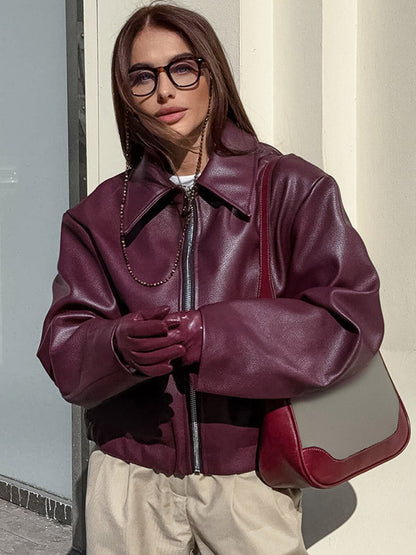 Loose Oversized Faux Leather Coat Turn Down Collar Elastic Hem Casual Moto Jacket
