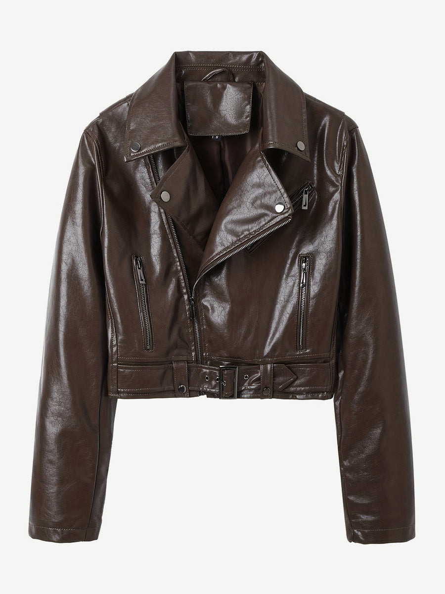 Brown Cropped Moto Leather Jacket Lapel Zip Belted Slim Biker Outerwear